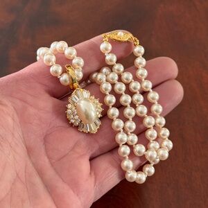 Vintage Faux Pearl Pendant Necklace; Gold Tone with Rhinestone Accents; 18.85”